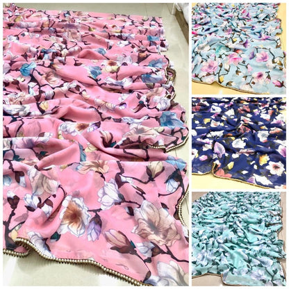 Baby pink georgette digital printed moti lace saree