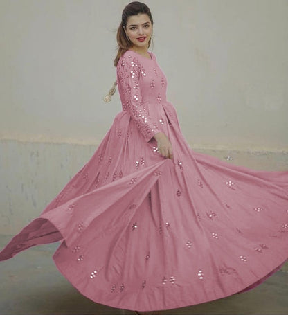 Baby pink georgette embroidered and mirror work gown