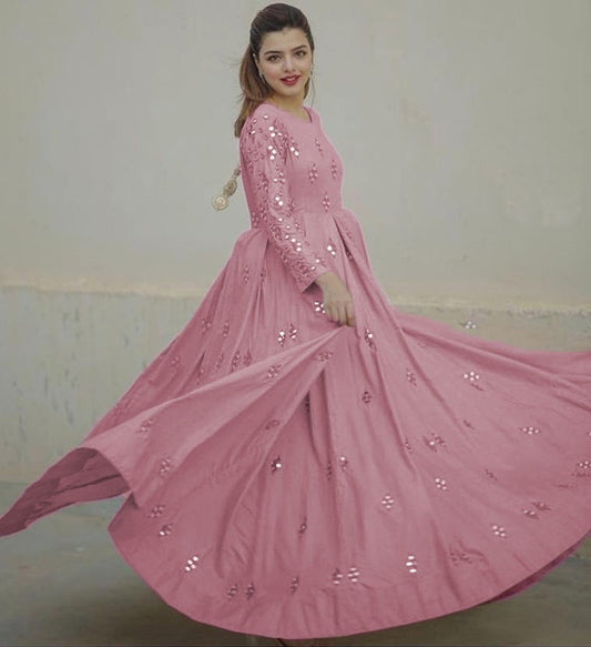 Baby pink georgette embroidered and mirror work gown