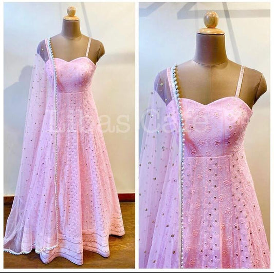 Baby pink georgette embroidered gown