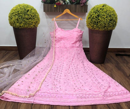 Baby pink georgette embroidered gown