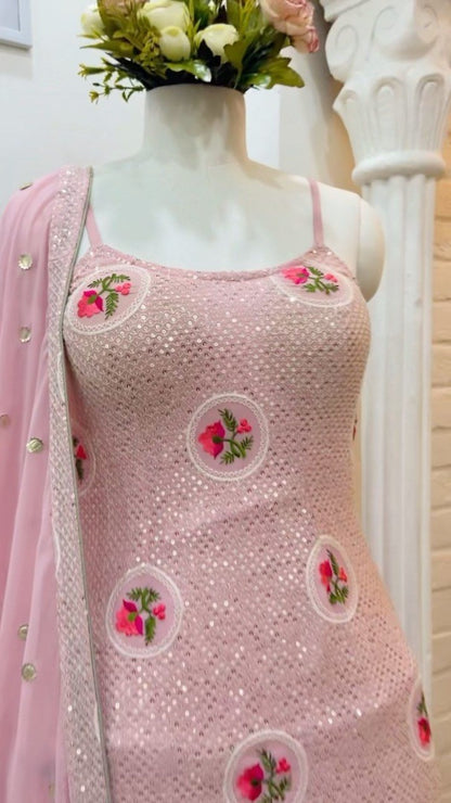 Baby pink georgette embroidered plazzo salwar suit
