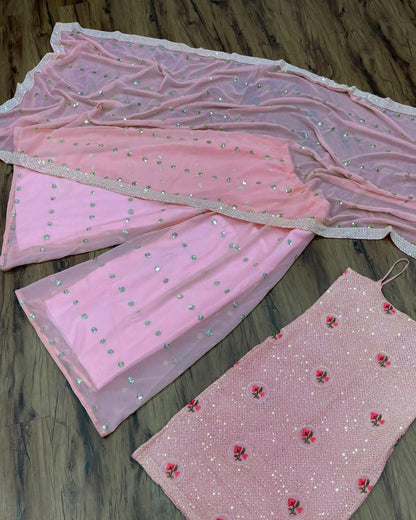 Baby pink georgette embroidered plazzo salwar suit