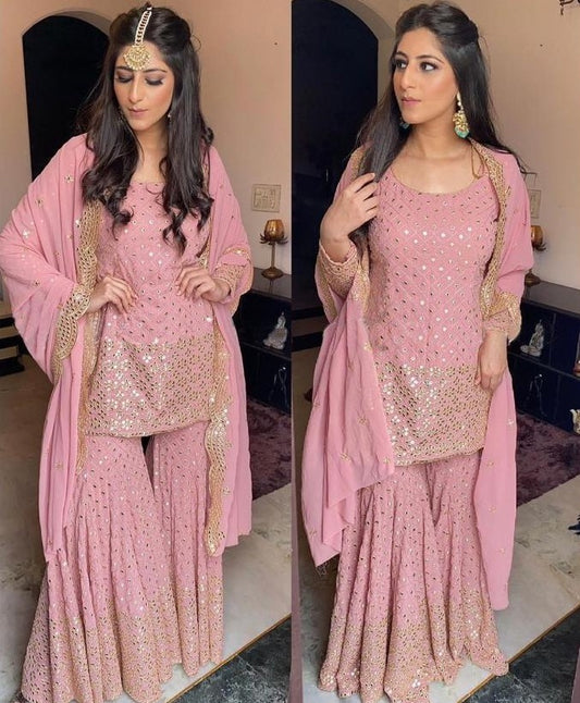 Baby pink georgette embroidered sequence work kurti with plazzo