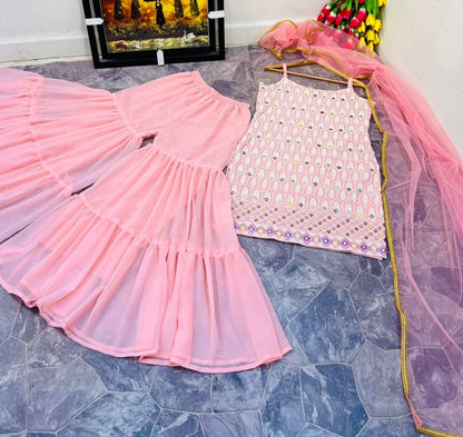 Baby pink georgette embroidered sharara suit