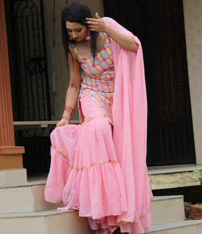 Baby pink georgette embroidered work party wear sharara suit