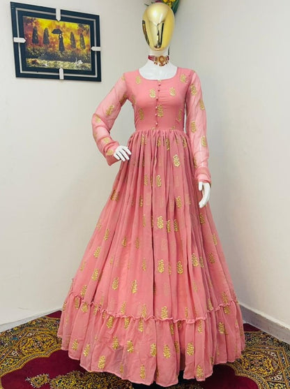 Baby pink georgette embroidery work party wear ruffle gown