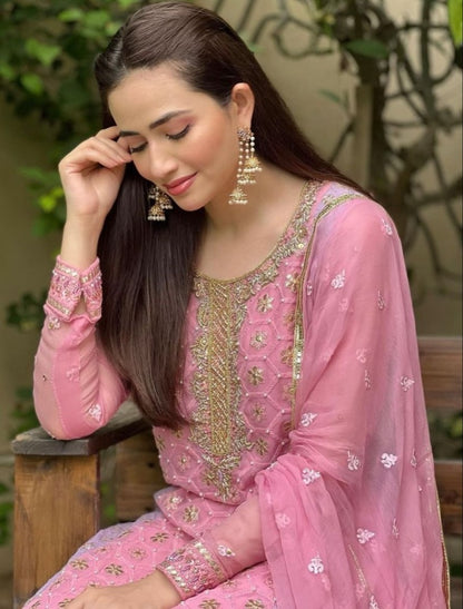 Baby pink georgette embroidery worked salwar suit