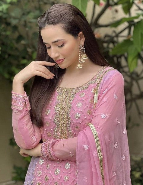 Baby pink georgette embroidery worked salwar suit