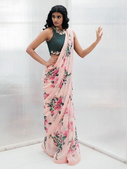 Baby pink georgette floral printed saree