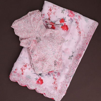 Baby pink georgette floral printed sequence work saree