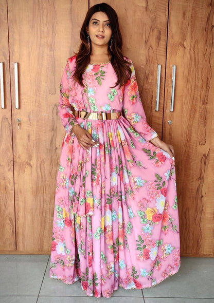 Baby pink georgette flower printed anarkali suit