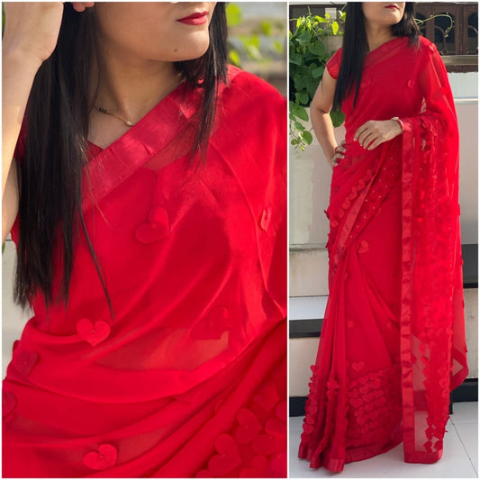 Red georgette heart embellished saree