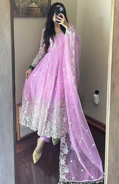 Baby pink georgette heavy chainstitch embroidery party wear anarkali suit