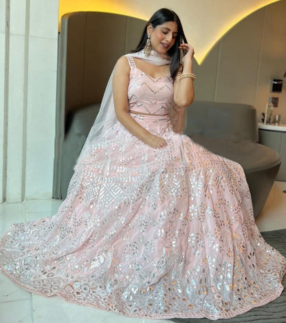 Baby pink georgette heavy embroidery sequence work lehenga choli for ceremony