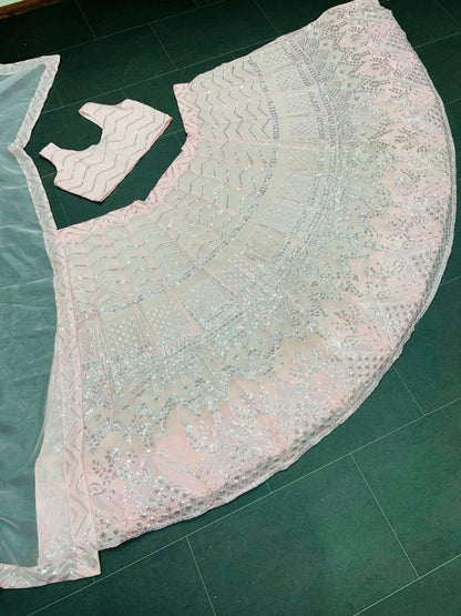 Baby pink georgette heavy embroidery sequence work lehenga choli for ceremony