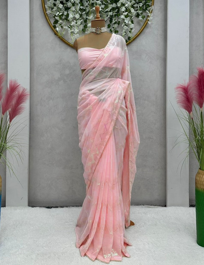 Baby pink georgette heavy thread sequence work saree