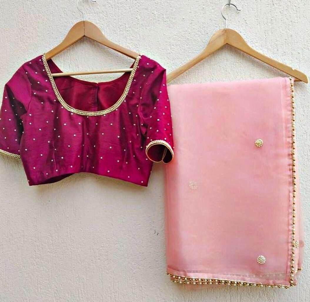 Baby pink georgette pearl border saree