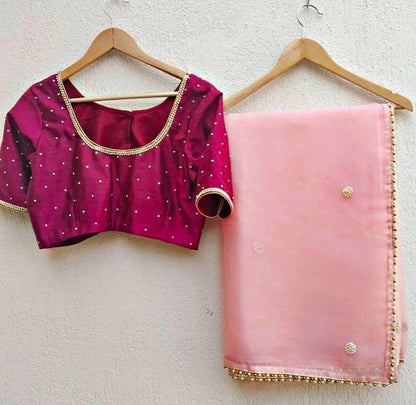 Baby pink georgette pearl border saree