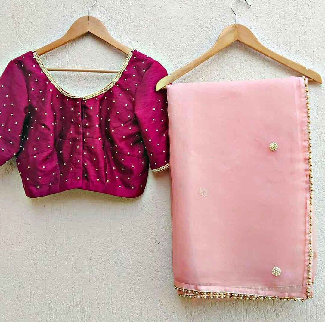 Baby pink georgette pearl border saree