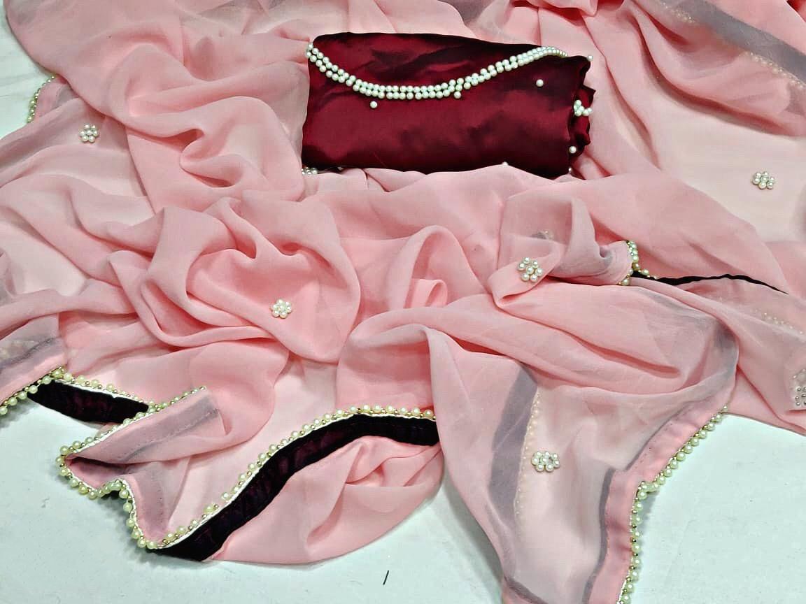 Baby pink georgette pearl border saree