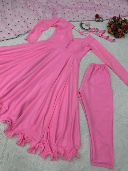 Baby pink georgette plain party wear anarkali suit
