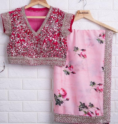 Baby pink georgette printed with cording rear mirror work saree