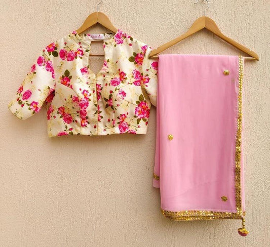 Baby pink georgette saree with floral printed blouse