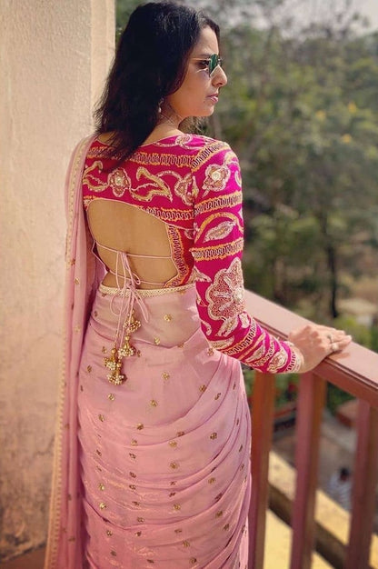 Baby pink georgette sequence and dori work saree