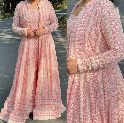 Baby Pink georgette sequence chain stitch shrug suit
