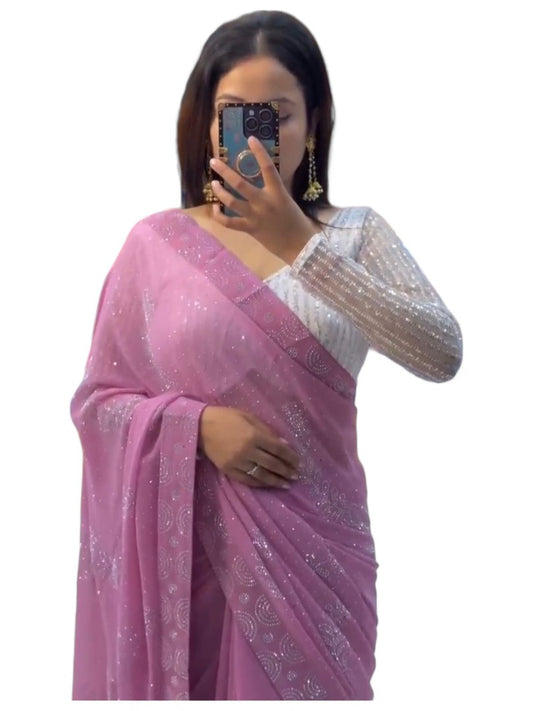 Baby pink georgette shiny hot fix work party wear saree
