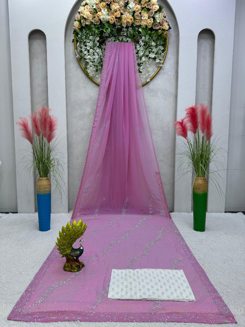 Baby pink georgette shiny hot fix work party wear saree