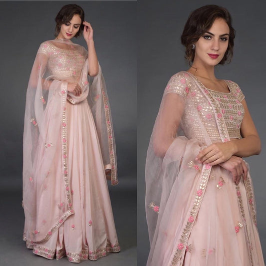 Baby pink georgette thread and gota patti work wedding lehenga choli