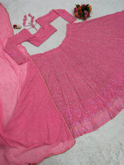 Baby pink georgette thread sequence work girlish lehenga choli for ceremony