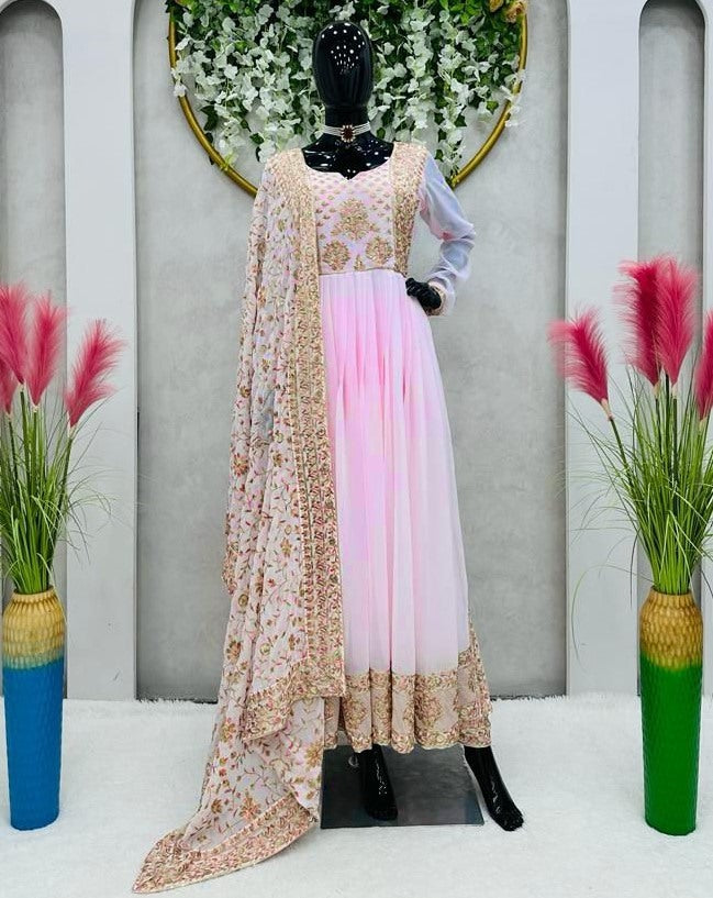 Baby pink georgette thread sequence work naira cut pant suit