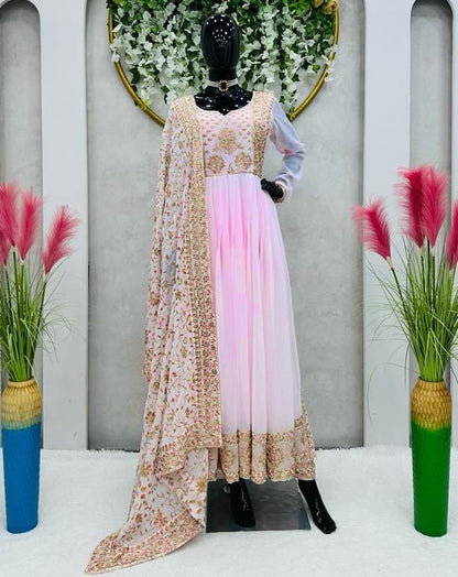 Baby pink georgette thread sequence work naira cut pant suit