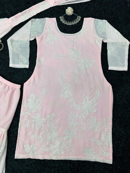Baby pink georgette thread work sharara salwar suit
