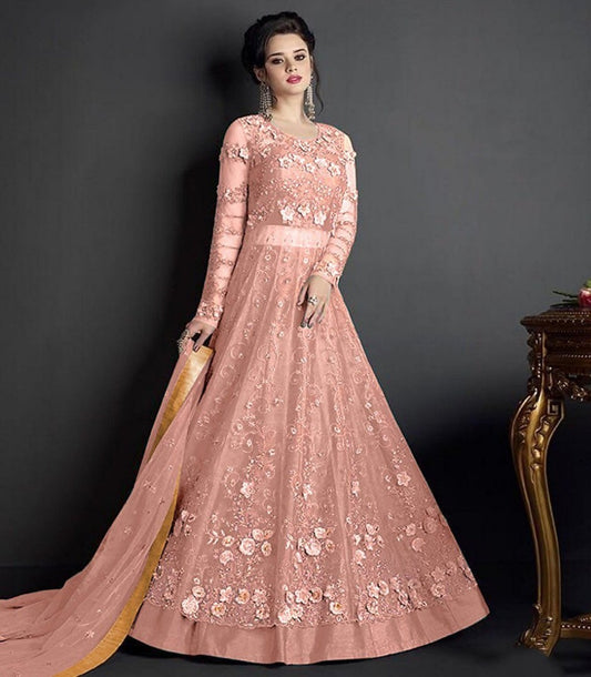 Peach heavy net designer embroidered wedding gown