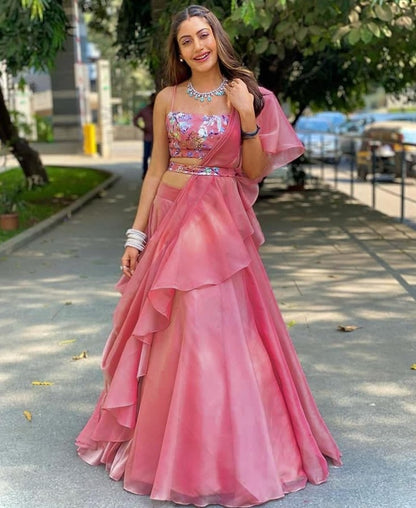Baby pink heavy organza ceremonial lehenga choli