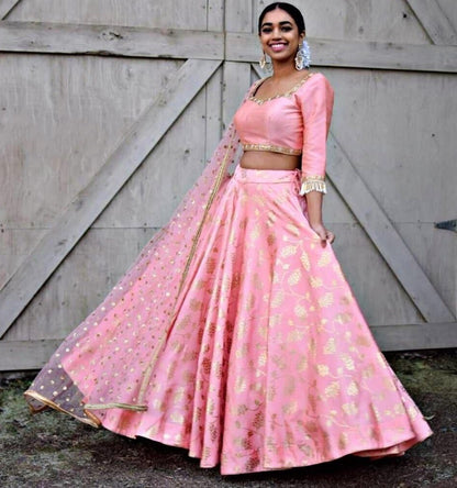 Baby pink moss georgette foil printed lehenga choli for ceremony