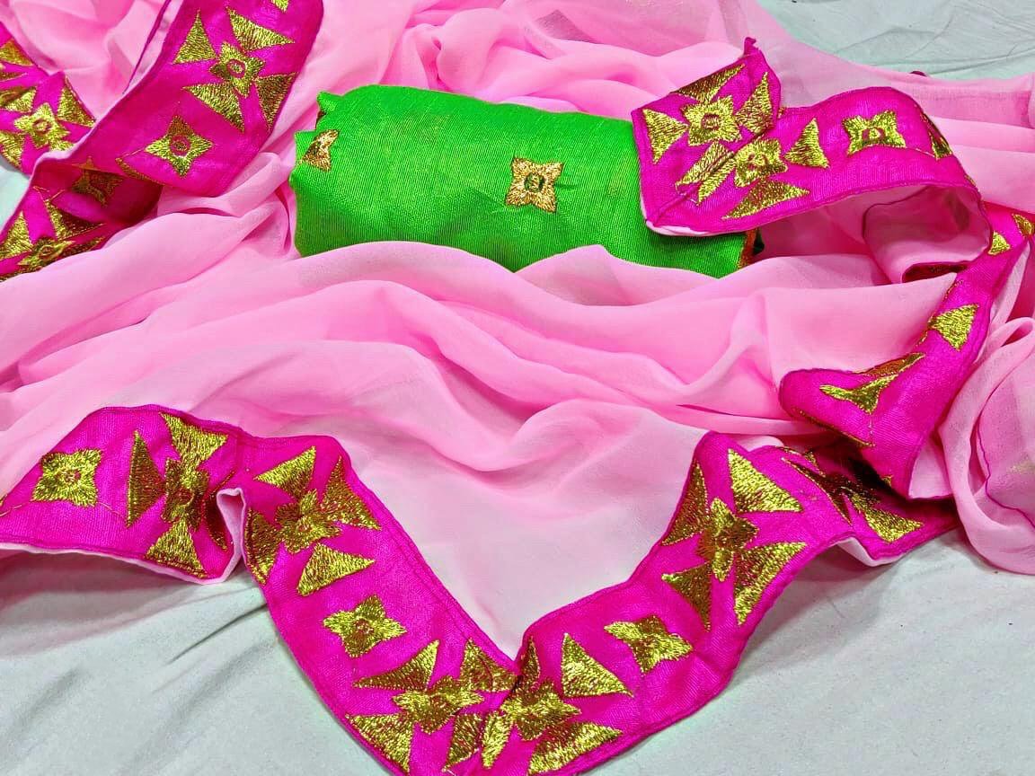 Baby pink moss georgette zari thread work saree