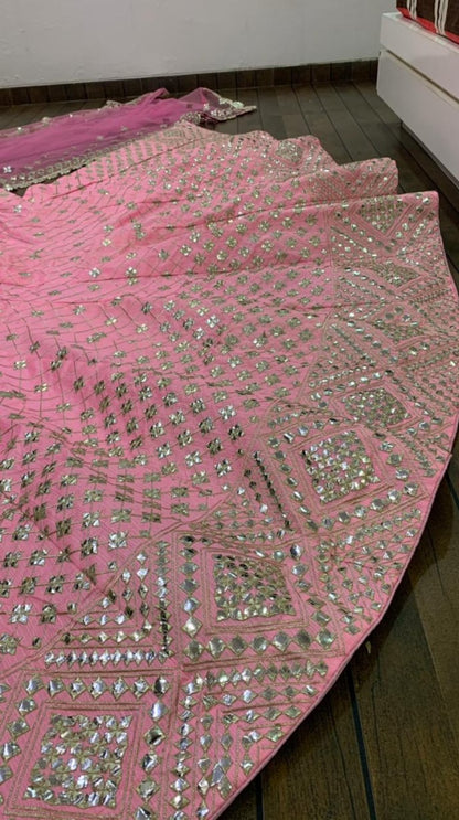 Baby pink mulberry silk paper mirror work wedding lehenga choli