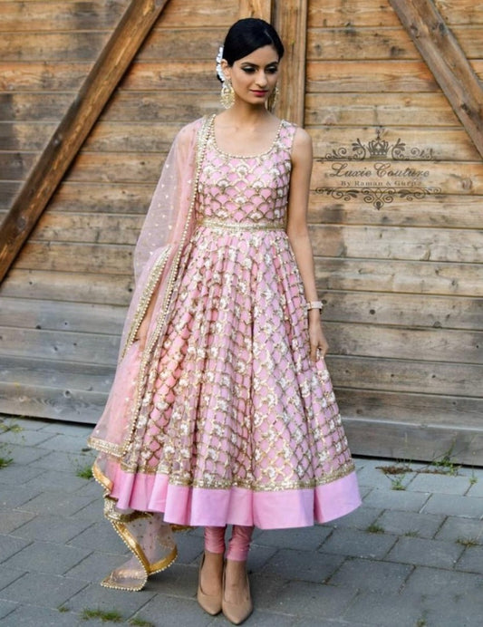 Baby pink net heavy sequence and thread worked anarkali suit