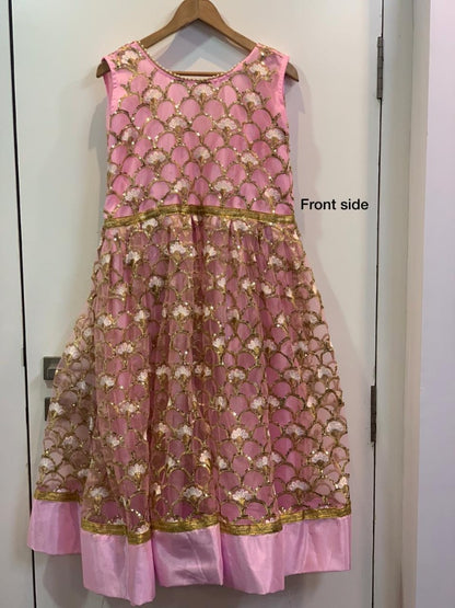 Baby pink net heavy sequence and thread worked anarkali suit