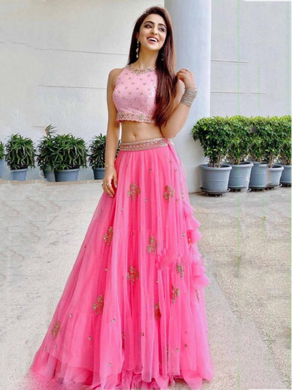Baby pink nylon mono net embroidered lehenga choli