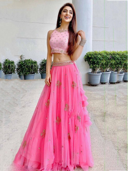Baby pink nylon mono net embroidered lehenga choli