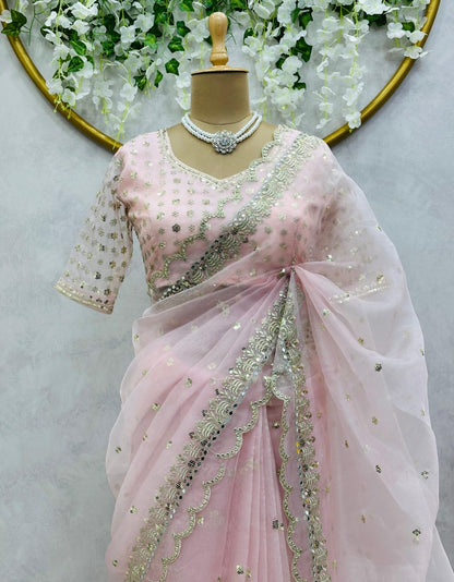 Baby pink organza designer wedding saree