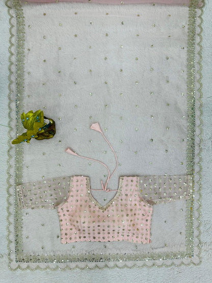 Baby pink organza designer wedding saree