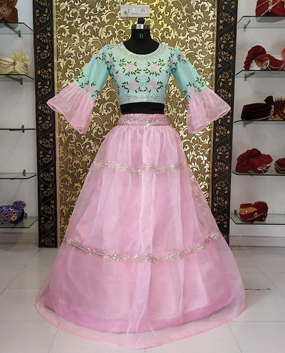 Baby pink organza net designer beautiful crop top lehenga