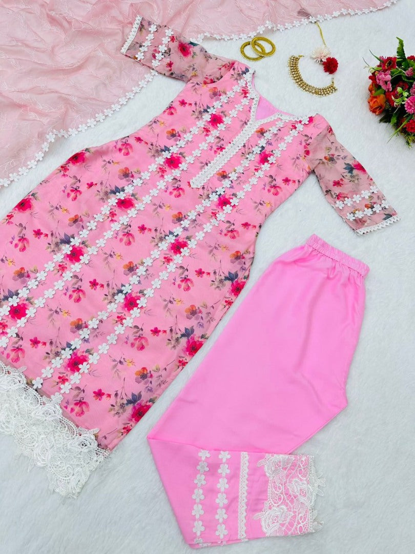 Baby pink organza print and thread work pant salwar suit